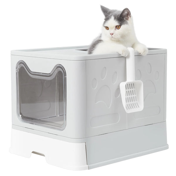 Top Entry Foldable Cat Litter Box with Lid – Front Entry, Drawer Tray & Scoop