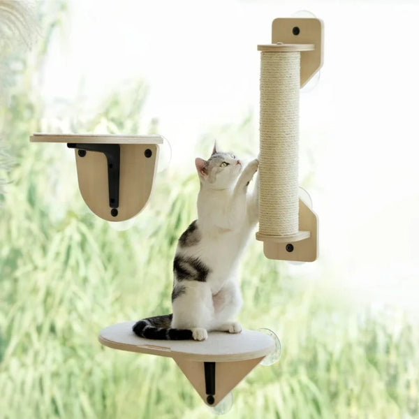 3-in-1 Cat Window Perch with Scratching Post & Steps – Wooden Window Hammock for Indoor Cats