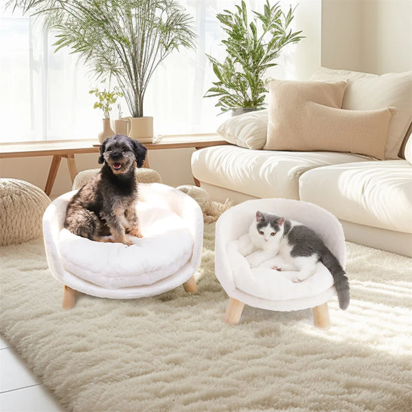 Luxury Plush Cat Bed Chair – Soft Waterproof Cushion with Wooden Legs for Small Pets