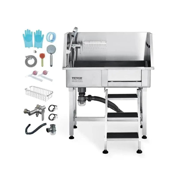 Stainless Steel Dog Bathing Tub – 34" Pet Grooming Station with Ramp & Faucet
