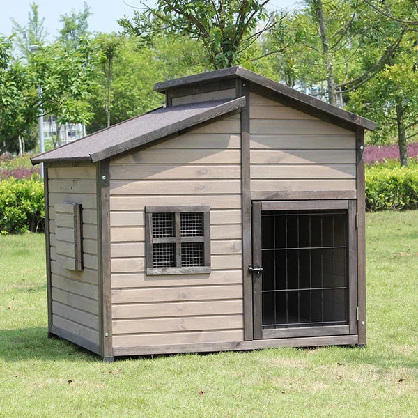 Outdoor Solid Wood Dog House – Waterproof Double Roof Cabin for Large & Small Dogs