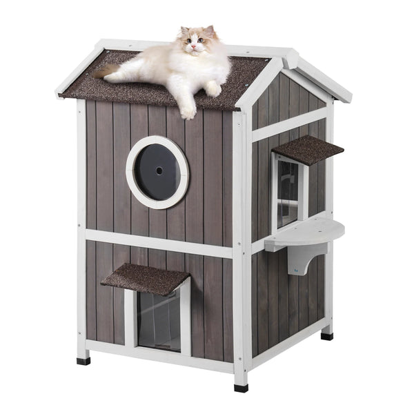 Outdoor Wooden Cat House – Weatherproof Double-Layer Feral Cat Shelter for Multiple Cats