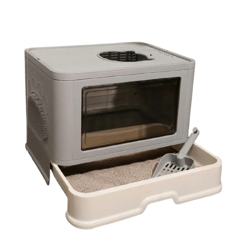 Foldable Enclosed Cat Litter Box with Top Entry & Front Door, Drawer & Scoop