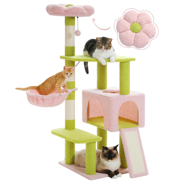 Flower Cat Tree Tower with Condo, Hammock & Scratching Posts for Indoor Cats