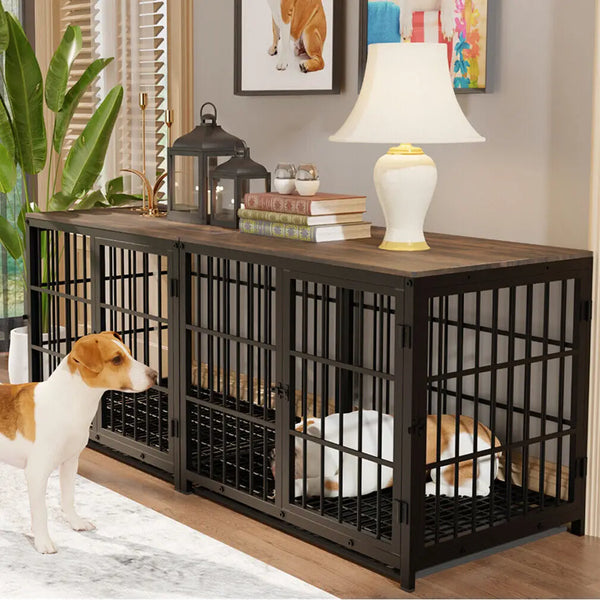 Furniture-Style Dog Crate End Table – Metal & Wood Pet Kennel with 3 Doors and Removable Tray