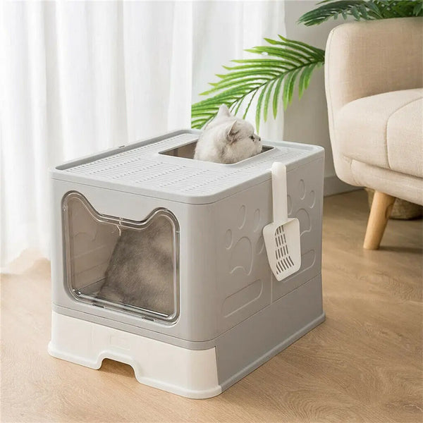 Foldable Top Entry Cat Litter Box with Scoop – Front Entry, Drawer Clean Design, Extra Large