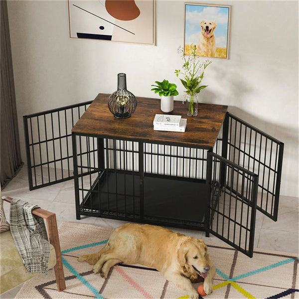 Large Wooden Dog Crate Furniture – Indoor Pet Kennel End Table with 3 Doors & Removable Tray