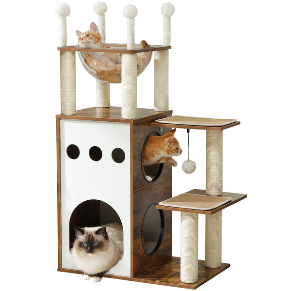 Modern Wooden Cat Tree – Multi-Level Cat Tower with Capsule Nest & Sisal Posts