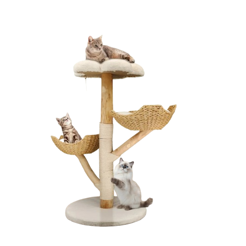 Modern Wooden Cat Tree Tower with Scratching Post & Cozy Basket Perch