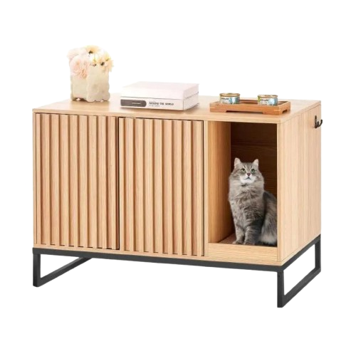 Hidden Cat Litter Box Furniture – Wooden Enclosure with Double Doors & Metal Legs