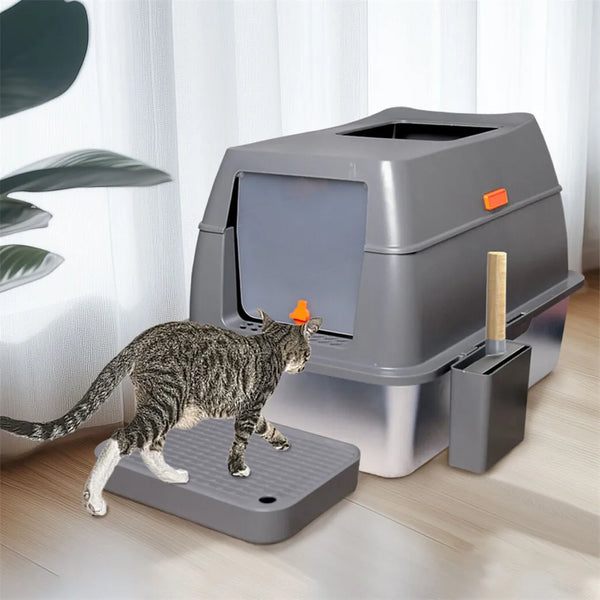 Stainless Steel Cat Litter Box with Lid – Enclosed, High-Sided, Easy-Clean with Scoop