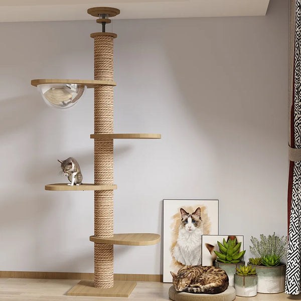 Floor-to-Ceiling Cat Tree – Multi-Level Wooden Tower with Hammock & Scratching Posts
